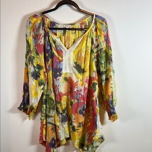 Spense Floral Print Blouse women’s Size L 3/4 Sleeve Bohemian Handkerchief Hem